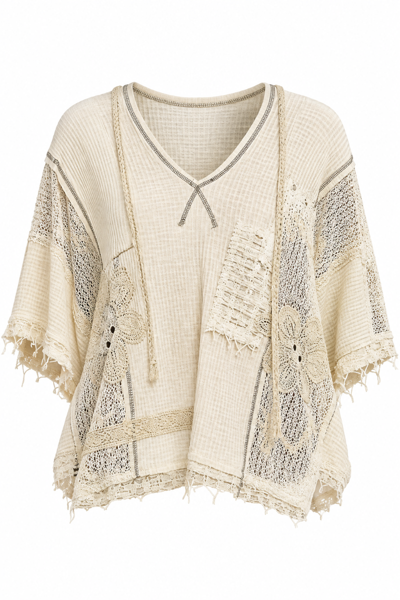 Trestles Clothing Company cream boho patchwork V-neck hoodie with lace panels, crochet florals, and raw edge hem.
